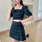 Set: Short-sleeve Plaid Crop Top + Mini Skirt