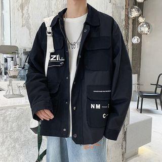 Front Pocket Lettering Buttoned Zip Jacket