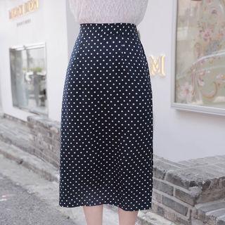 Deep-slit Polka-dot Long Skirt Navy Blue - One Size