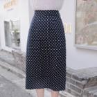 Deep-slit Polka-dot Long Skirt Navy Blue - One Size