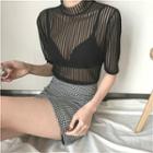 Plain See-through Striped Slim-fit Short-sleeve Top