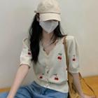 Short-sleeve Cherry Embroidered Button-up Crop Knit Top