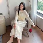 Set: Crew-neck Long-sleeve Knit Top + Plain Spaghetti Strap Midi Dress