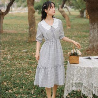 Elbow-sleeve Collared Plaid Midi A-line Dress