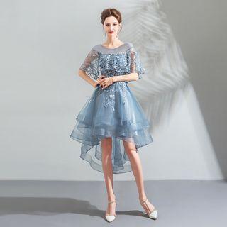 Elbow-sleeve Embroidered High-low Prom Dress