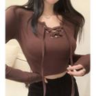 Long-sleeve Lace-up Slim-fit Cropped Top