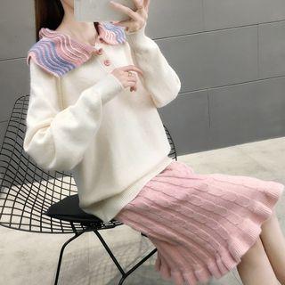 Set: Collared Sweater + Knit Ruffle Hem Straight-fit Skirt
