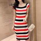 Short-sleeve Striped Knit Dress As Shown In Figure - One Size