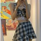 Lace Camisole Top / Shirred Plaid Camisole Top / A-line Skirt / Set