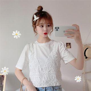 Mock Two-piece Lace Short-sleeve T-shirt