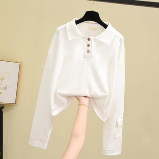 Long-sleeve Plain Polo Shirt White - One Size
