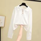 Long-sleeve Plain Polo Shirt White - One Size