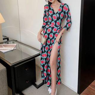 3/4-sleeve Print Tie-waist Midi A-line Dress