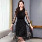 Dotted 3/4-sleeve A-line Mesh Dress