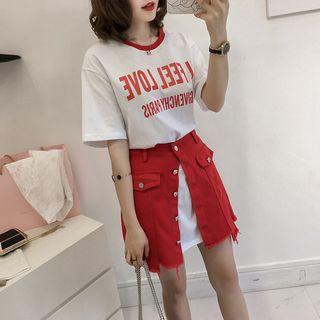 Set: Short-sleeve Lettering T-shirt Dress + Skirt