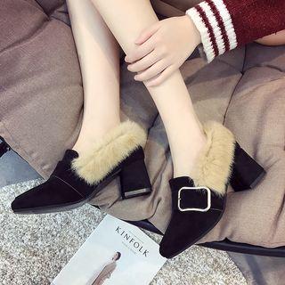 Furry Trim Block Heel Loafers