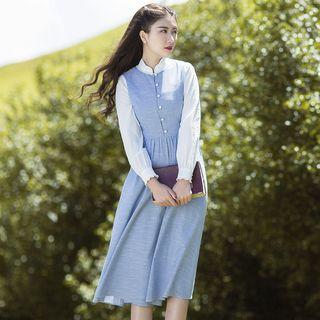 Stand Collar Panel A-line Midi Dress