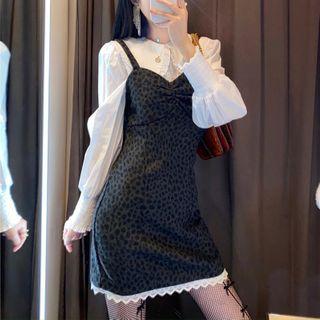 Doll-collar Blouse / Spaghetti Strap Leopard Print Lace Trim Mini Dress