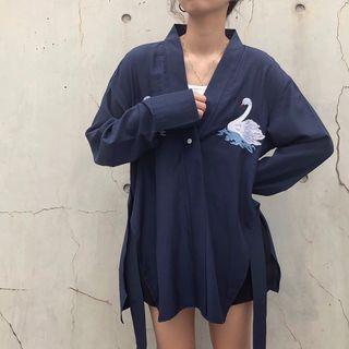 Embroidered Swan Open-front Jacket Blue - One Size
