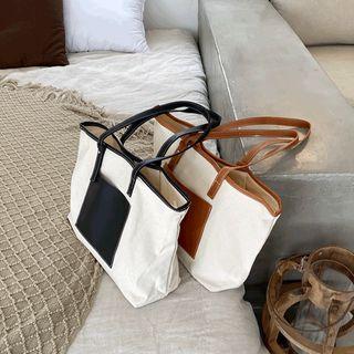 Faux-leather Trim Canvas Shopper Bag