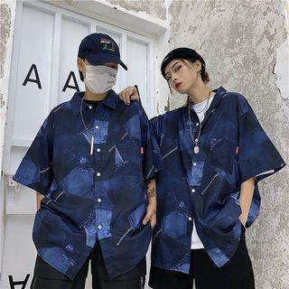 Printed Short-sleeve Shirt Denim Blue - One Size