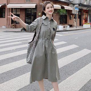 Short Sleeve Heart Embroidered Drawstring Waist Shirtdress