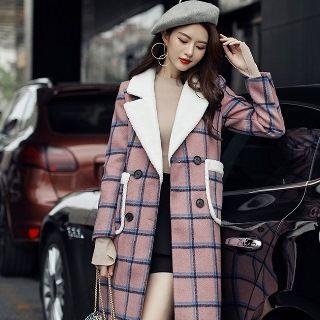 Double-breast Check Fleece-lining Coat