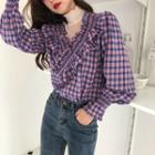 Puff-sleeve Ruffle Trim Lace Panel Plaid Shirt Purple - One Size