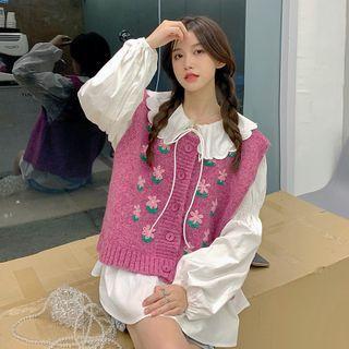 Puff-sleeve Shirt / Flower Embroidered Button-up Sweater Vest