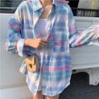 Color Block Plaid Long-sleeve Shirt As Shown In Figure - One Size