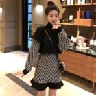 Set: Mock Two-piece Pullover + Ruffle Hem A-line Skirt