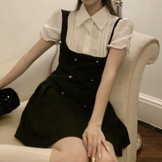 Short-sleeve Mock Two-piece Collar Mini A-line Dress