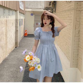 Puff-sleeve Ruffle Trim Plain Dress