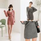 Set: Cropped Cable-knit Cardigan + Miniskirt