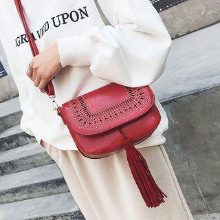 Faux Leather Tasseled Perforated Crossbody Bag