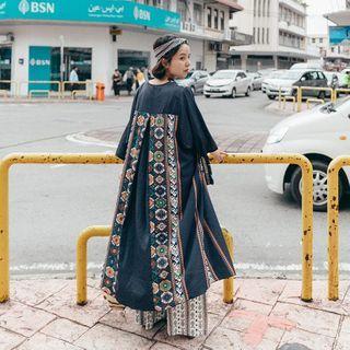 Patterned Trim Chiffon Jacket Dark Blue - One Size