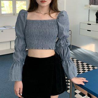 Bell-sleeve Striped Cropped Blouse