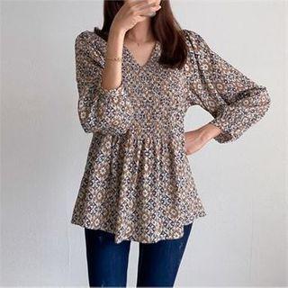 Smocked-panel Patterned Blouse