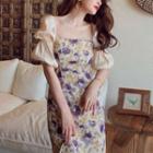 Short-sleeve Flower Print Midi Sheath Dress / Camisole Top