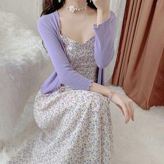 Plain Cardigan / Spaghetti Strap Floral Print Midi Dress / Set