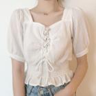 Elbow-sleeve Lace-up Cropped Blouse