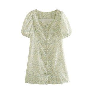 Puff-sleeve Floral Print Button-up Mini Dress