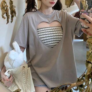Set: Striped Bandeau + Short-sleeve Heart Cutout T-shirt Set - Gray & White - One Size