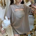 Set: Striped Bandeau + Short-sleeve Heart Cutout T-shirt Set - Gray & White - One Size
