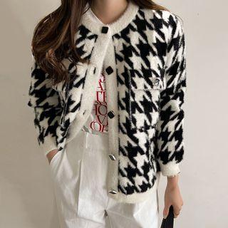 Houndstooth Fluffy-knit Cardigan