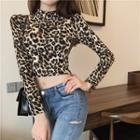 Leopard Print Long-sleeve Crop T-shirt As Shown In Figure - One Size