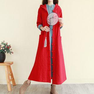Embroidered Hooded Frog-buttoned Long Jacket