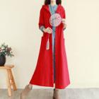 Embroidered Hooded Frog-buttoned Long Jacket