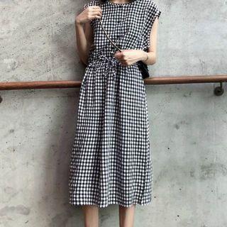 Plaid Sleeveless A-line Midi Dress Plaid - Black & White - One Size