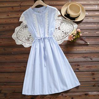 Striped Sleeveless Lace Trim A-line Dress